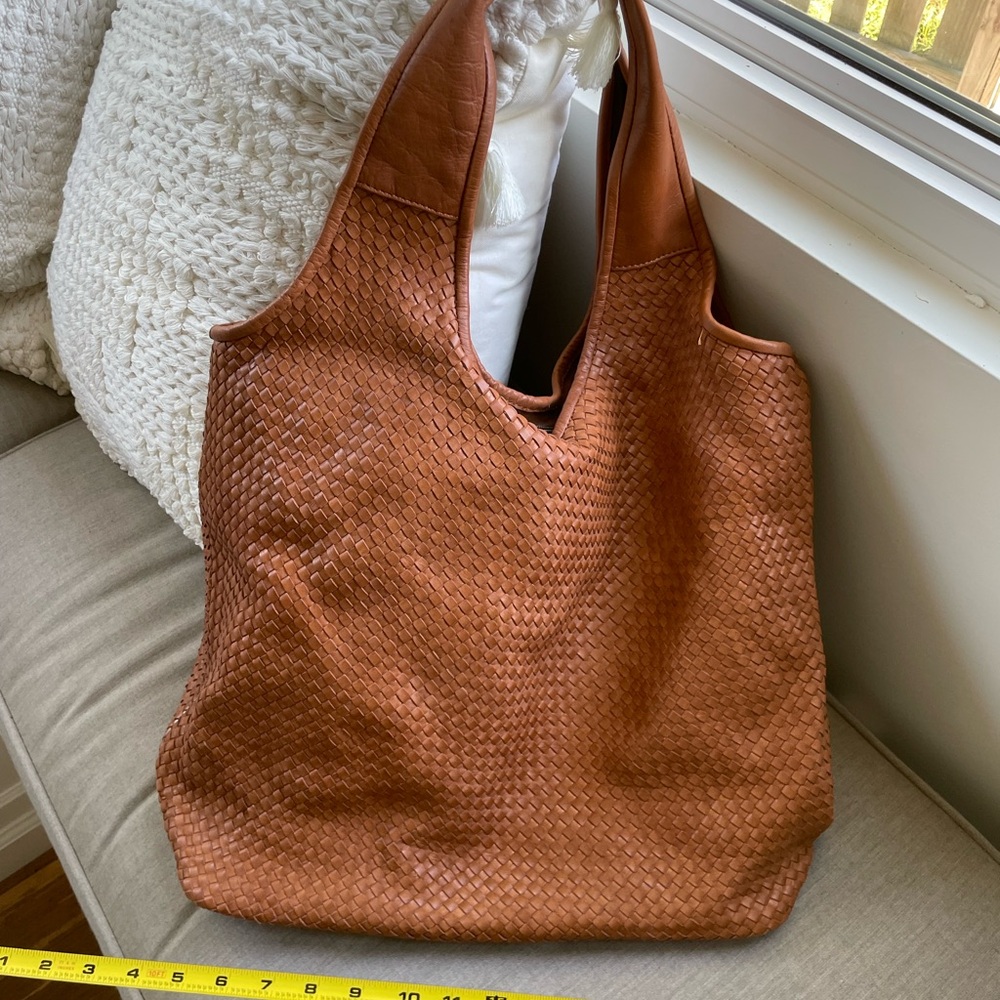 Woven Leather Tote Bag in Cognac Brown - Picture 3 of 4